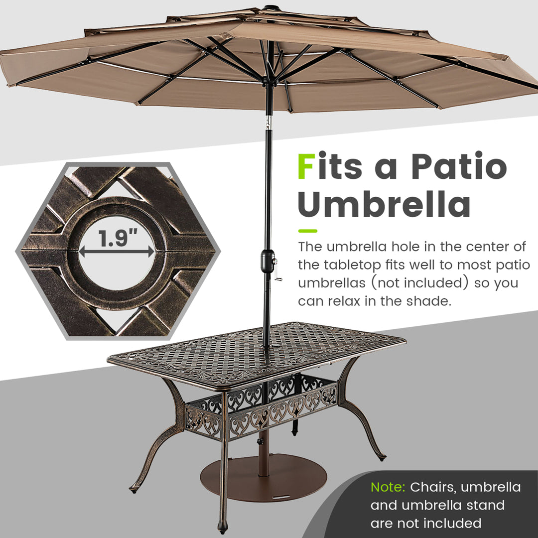 59 Patio Rectangle Dining Table Outdoor Cast Aluminum Table w/ Umbrella Hole Image 6