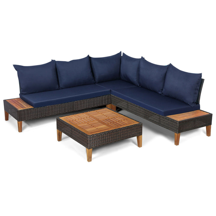 4PCS Acacia Wood Patio Furniture Set Rattan Conversation Set w/ Navy Cushions Image 5