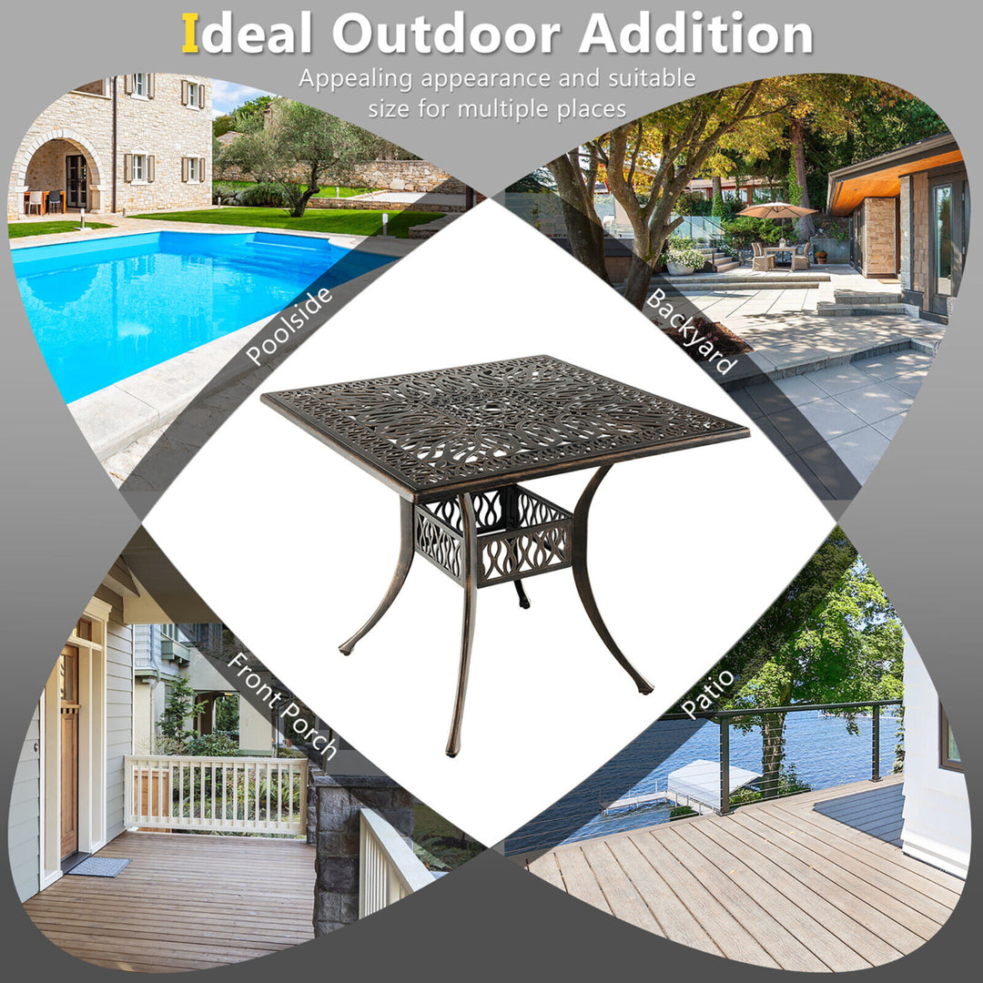 35.4 Patio Square Dining Table Cast Aluminum Umbrella Hole All-weather Outdoor Image 9