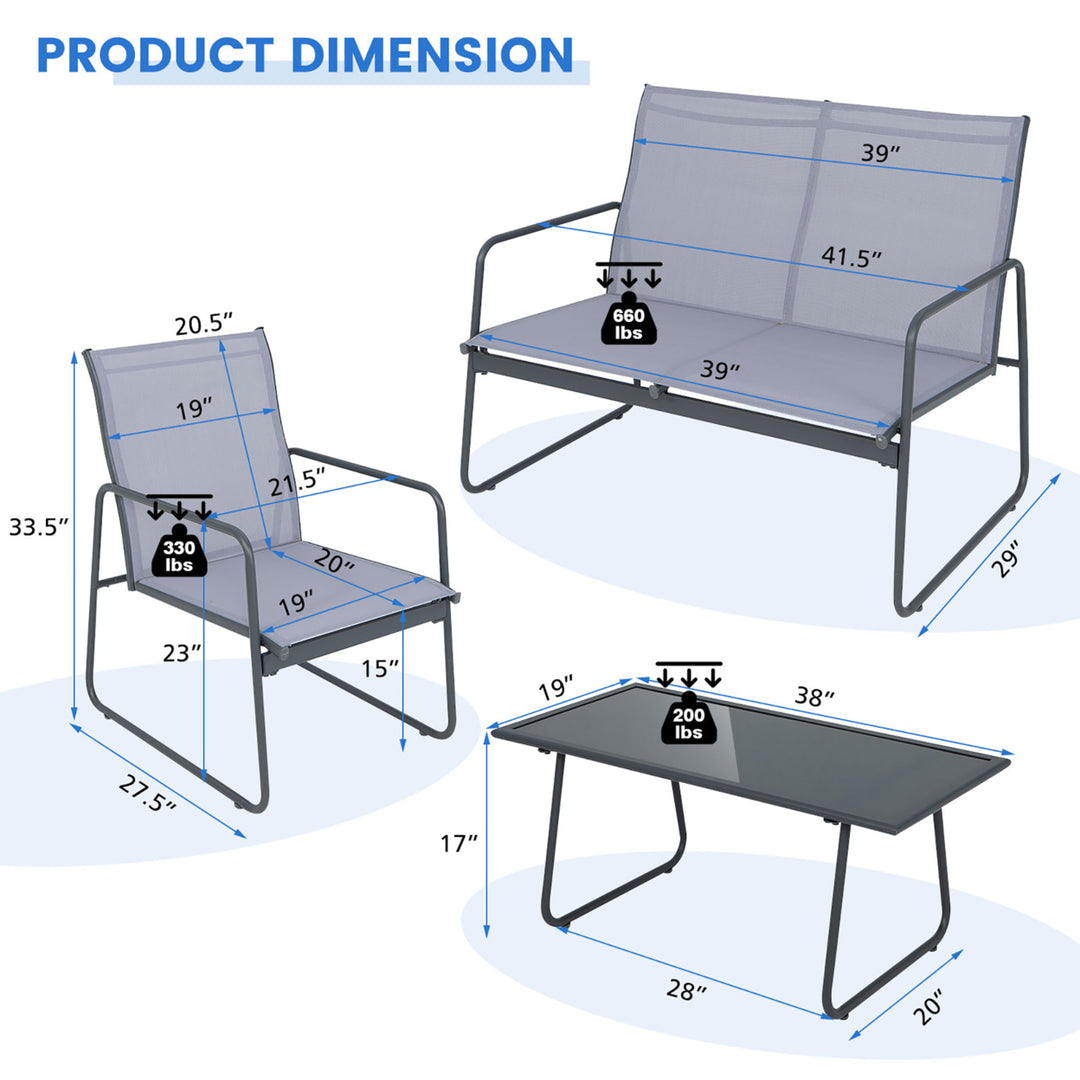 4PCS Metal Outdoor Conversation Set Patio Furniture Set w/ Glass Table Image 3