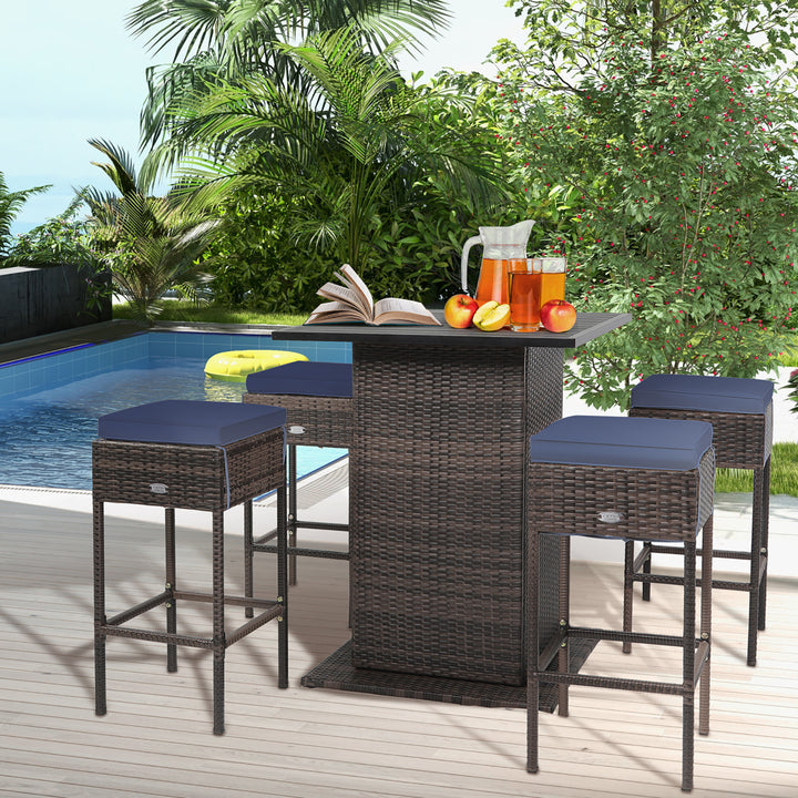 5PCS Patio Bar Set Rattan Bar Furniture Set w/ Table and 4 Cushioned Stools Navy Image 1