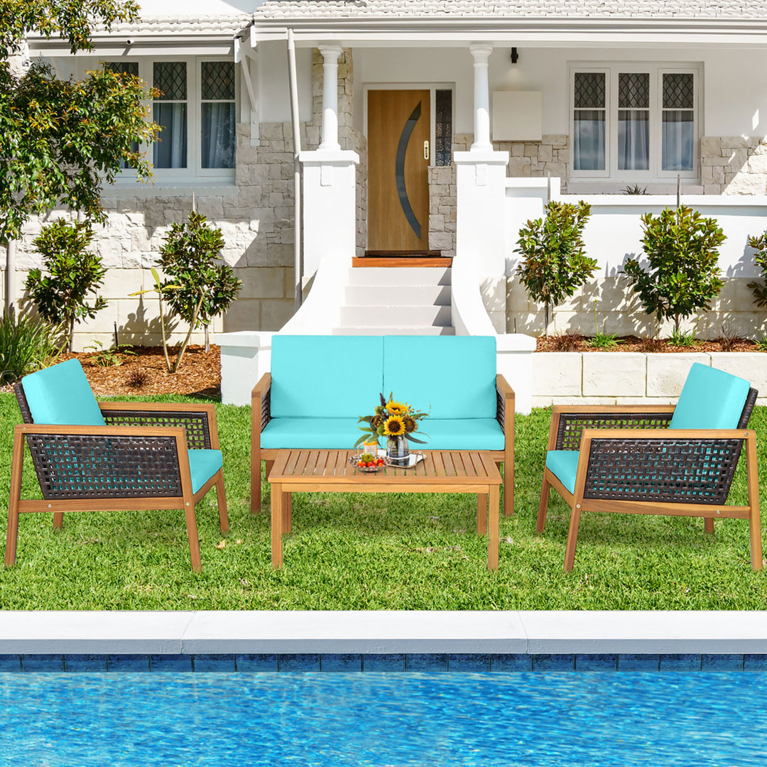 4PCS Patio Acacia Wood Furniture Set PE Rattan Conversation Set w/ Turquoise Cushions Image 1