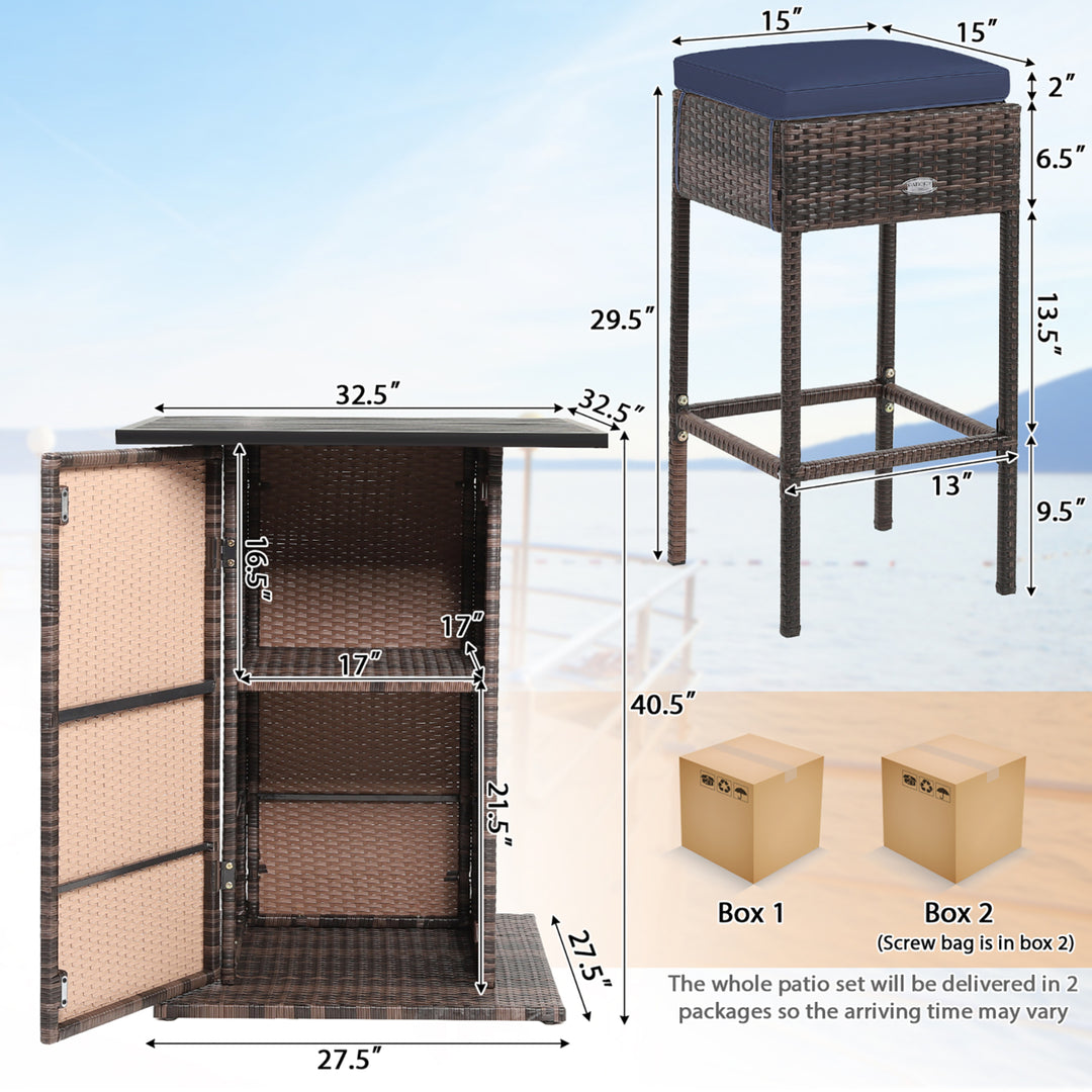 5PCS Patio Bar Set Rattan Bar Furniture Set w/ Table and 4 Cushioned Stools Navy Image 3