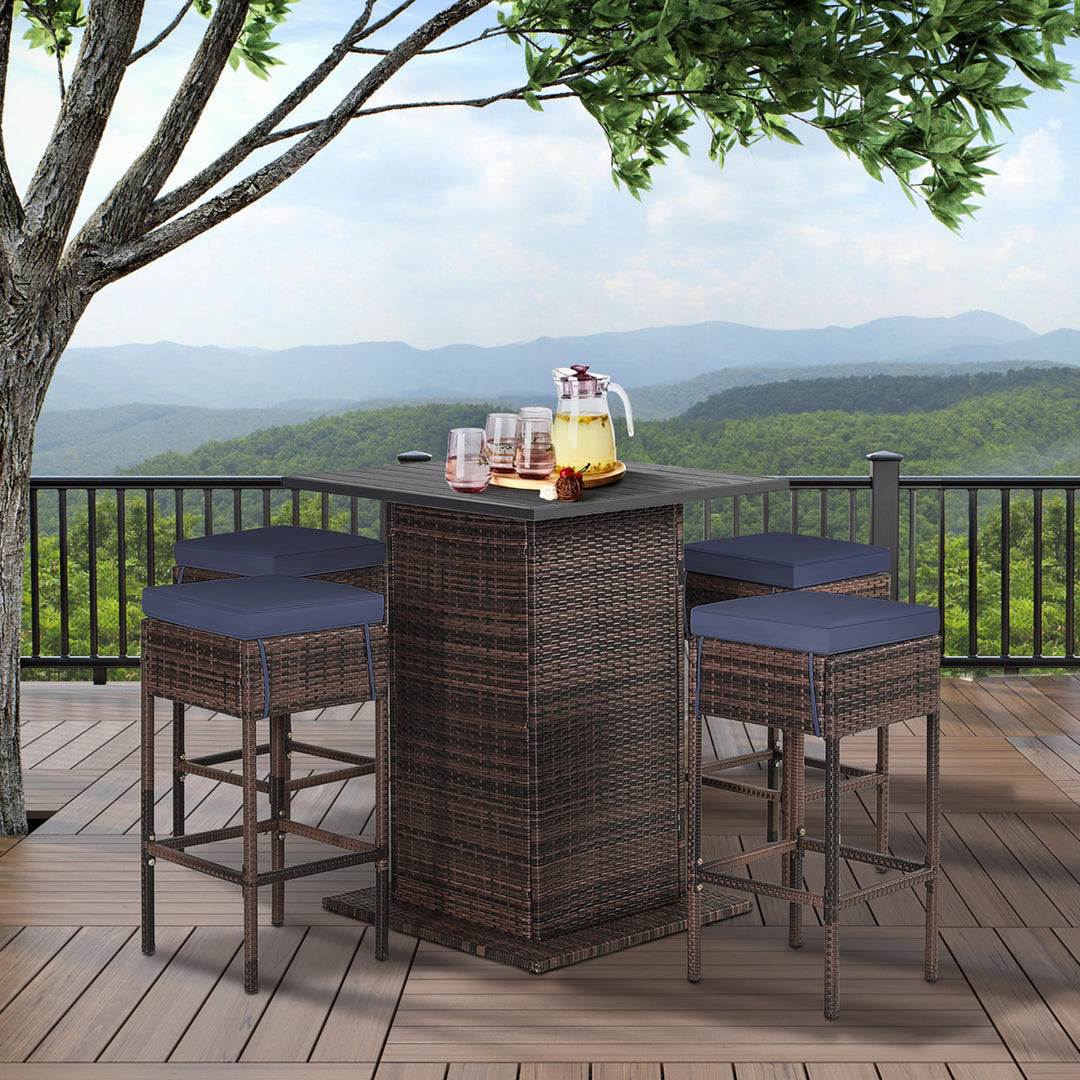 5PCS Patio Bar Set Rattan Bar Furniture Set w/ Table and 4 Cushioned Stools Navy Image 10