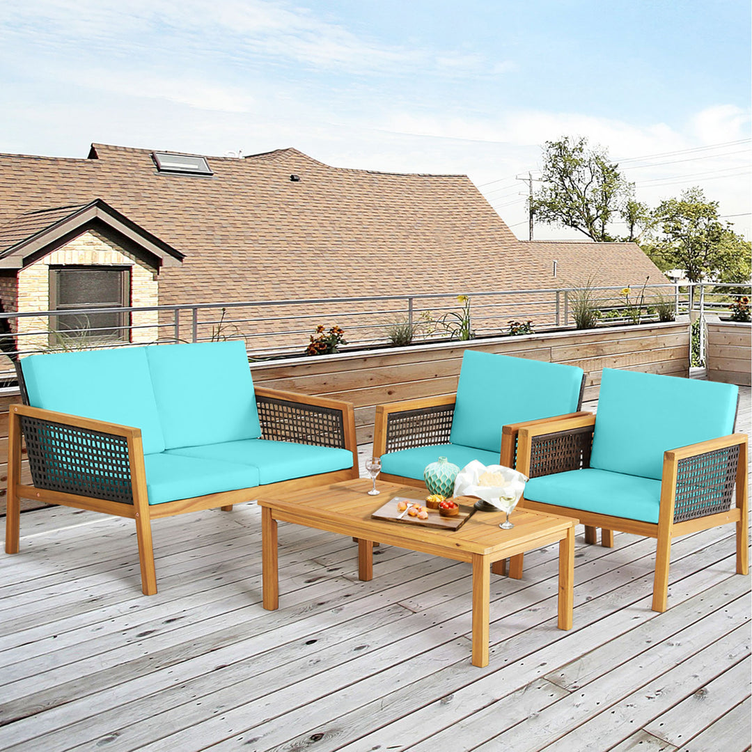 4PCS Patio Acacia Wood Furniture Set PE Rattan Conversation Set w/ Turquoise Cushions Image 9