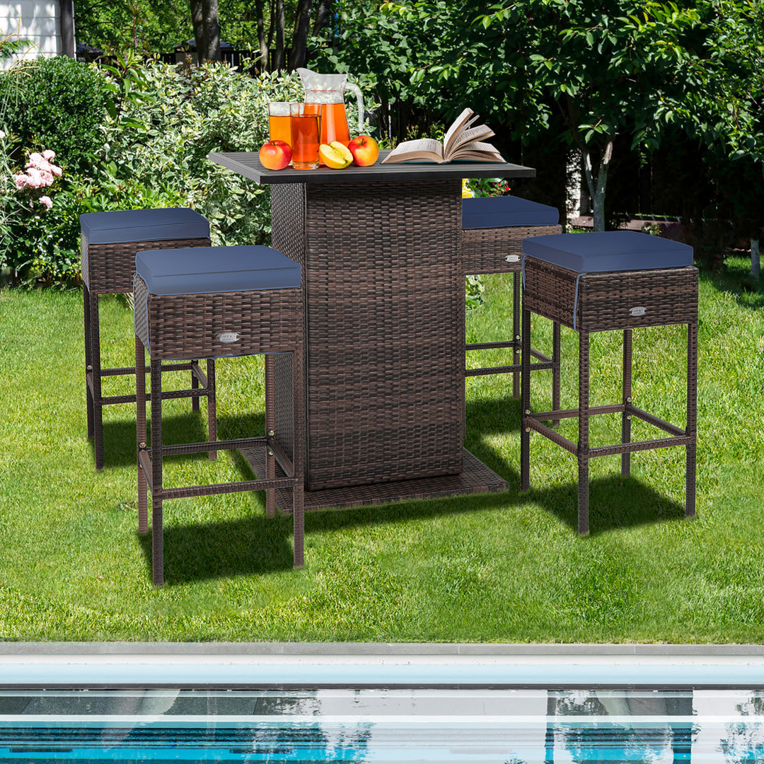 5PCS Patio Bar Set Rattan Bar Furniture Set w/ Table and 4 Cushioned Stools Navy Image 4