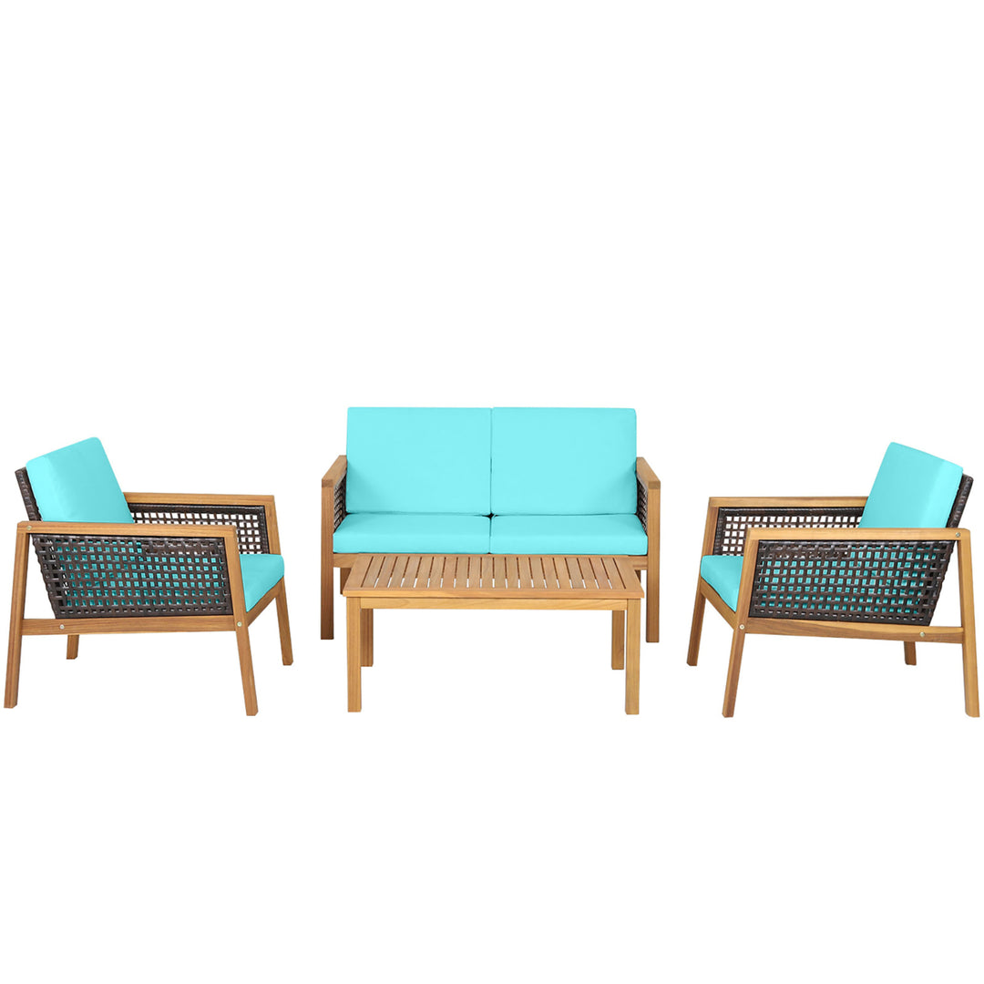 4PCS Patio Acacia Wood Furniture Set PE Rattan Conversation Set w/ Turquoise Cushions Image 4