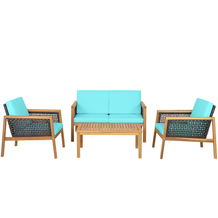 4PCS Patio Acacia Wood Furniture Set PE Rattan Conversation Set w/ Turquoise Cushions Image 4