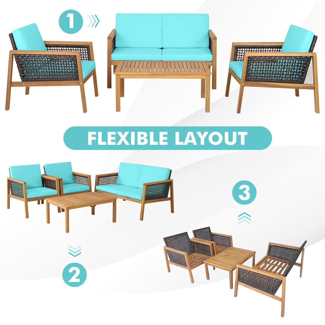 4PCS Patio Acacia Wood Furniture Set PE Rattan Conversation Set w/ Turquoise Cushions Image 5