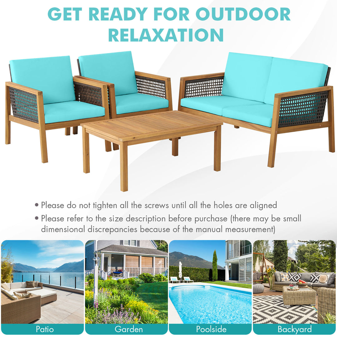 4PCS Patio Acacia Wood Furniture Set PE Rattan Conversation Set w/ Turquoise Cushions Image 6