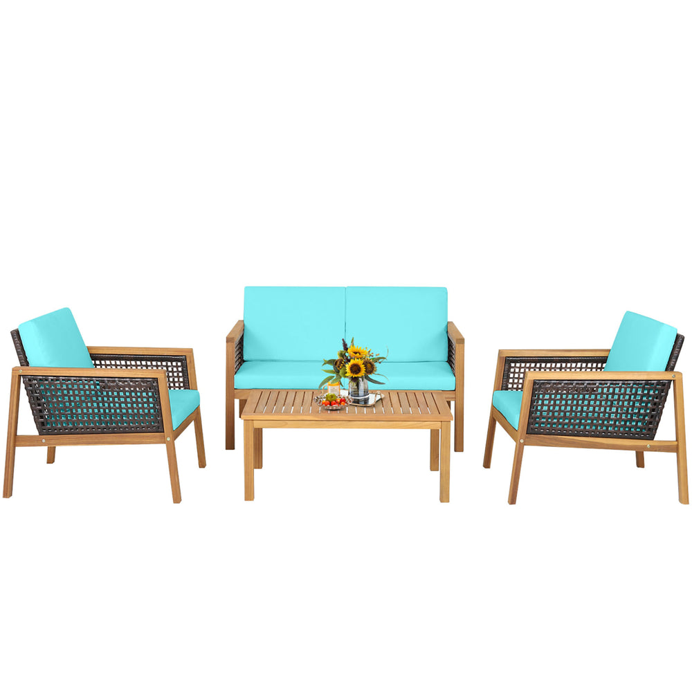 4PCS Patio Acacia Wood Furniture Set PE Rattan Conversation Set w/ Turquoise Cushions Image 2