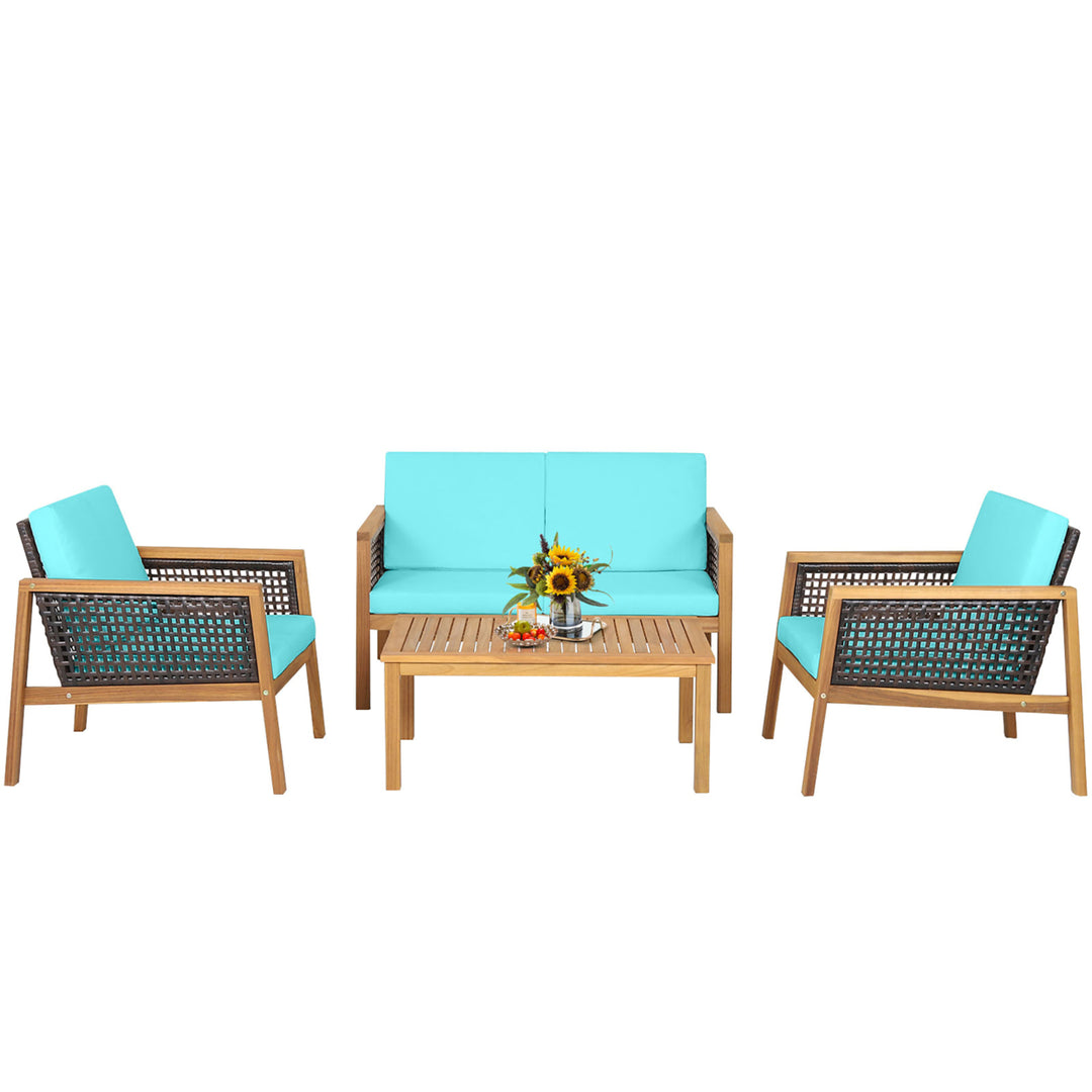 4PCS Patio Acacia Wood Furniture Set PE Rattan Conversation Set w/ Turquoise Cushions Image 2