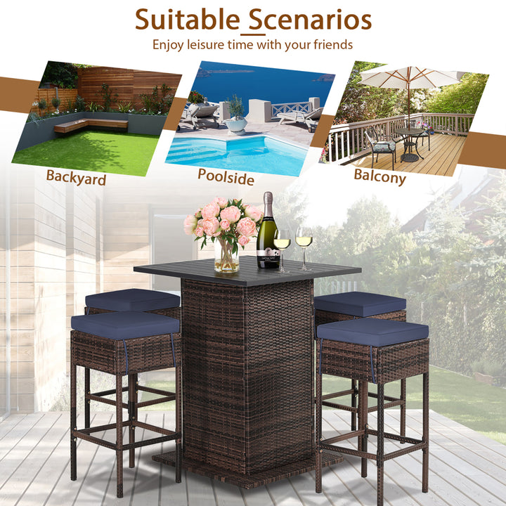 5PCS Patio Bar Set Rattan Bar Furniture Set w/ Table and 4 Cushioned Stools Navy Image 8