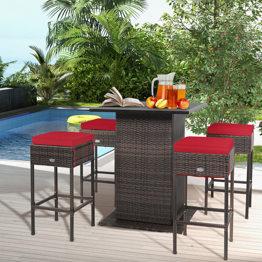 5PCS Patio Bar Set Rattan Bar Furniture Set w/ Table and 4 Cushioned Stools Red Image 1