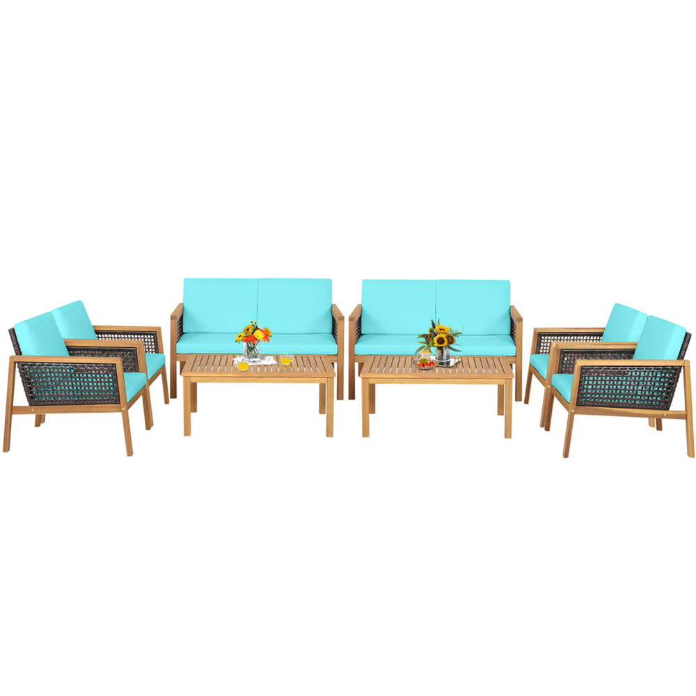 8PCS Patio Acacia Wood Furniture Set PE Rattan Conversation Set w/ Turquoise Cushions Image 2