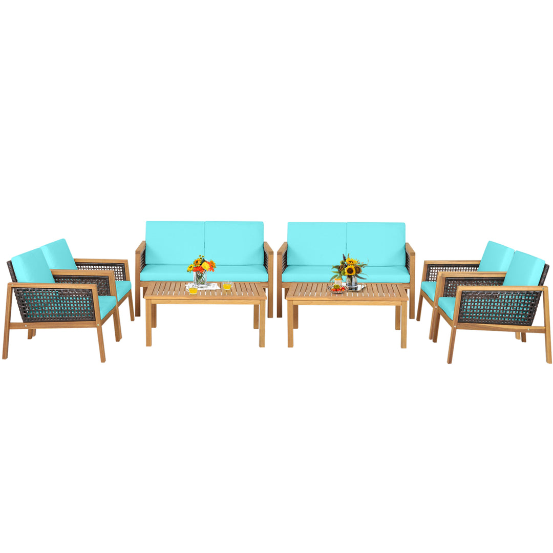 8PCS Patio Acacia Wood Furniture Set PE Rattan Conversation Set w/ Turquoise Cushions Image 2