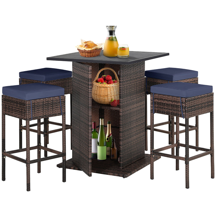 5PCS Patio Bar Set Rattan Bar Furniture Set w/ Table and 4 Cushioned Stools Navy Image 2