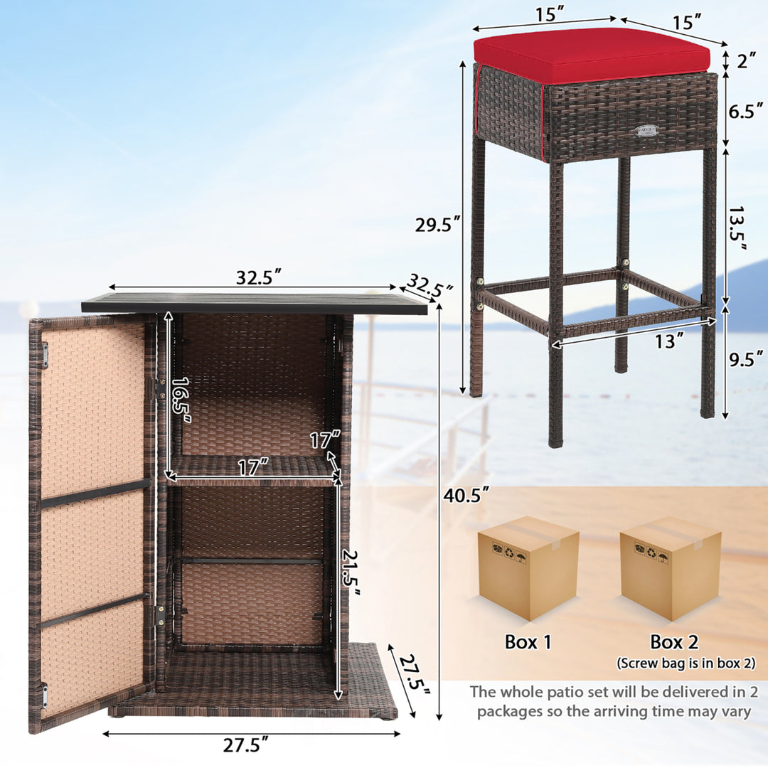 5PCS Patio Bar Set Rattan Bar Furniture Set w/ Table and 4 Cushioned Stools Red Image 3