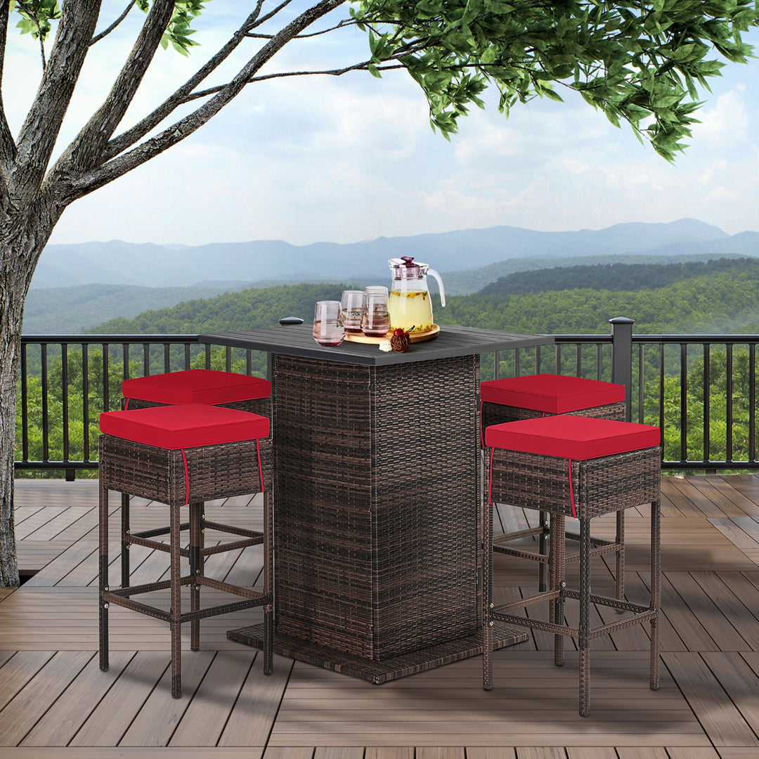 5PCS Patio Bar Set Rattan Bar Furniture Set w/ Table and 4 Cushioned Stools Red Image 10