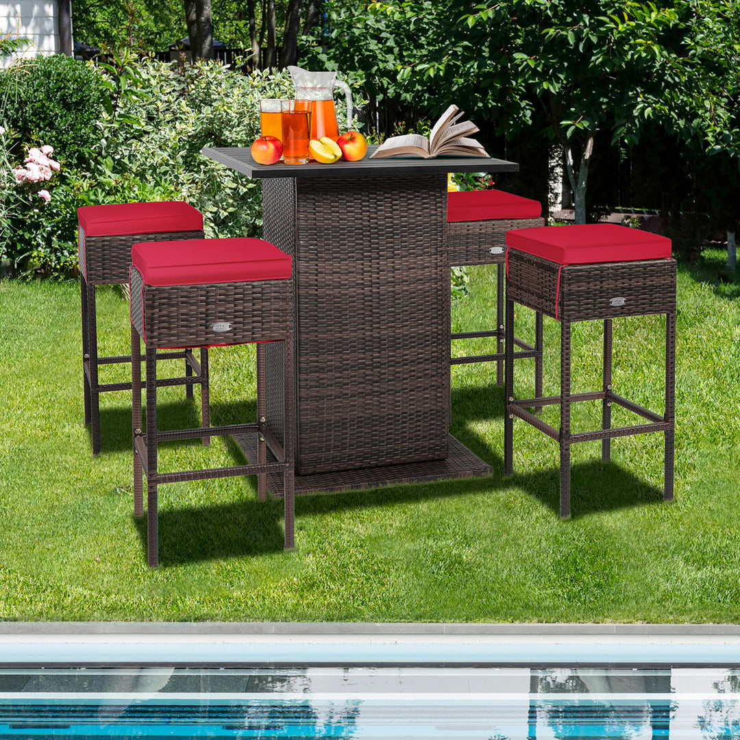 5PCS Patio Bar Set Rattan Bar Furniture Set w/ Table and 4 Cushioned Stools Red Image 4