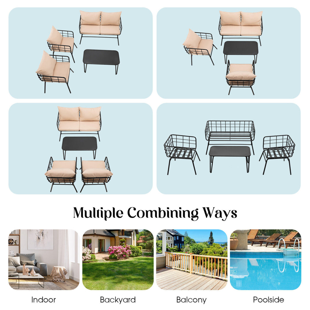 4PCS Patio Conversation Set Outdoor Furniture Set w/ Cushions Steel Structure Image 6