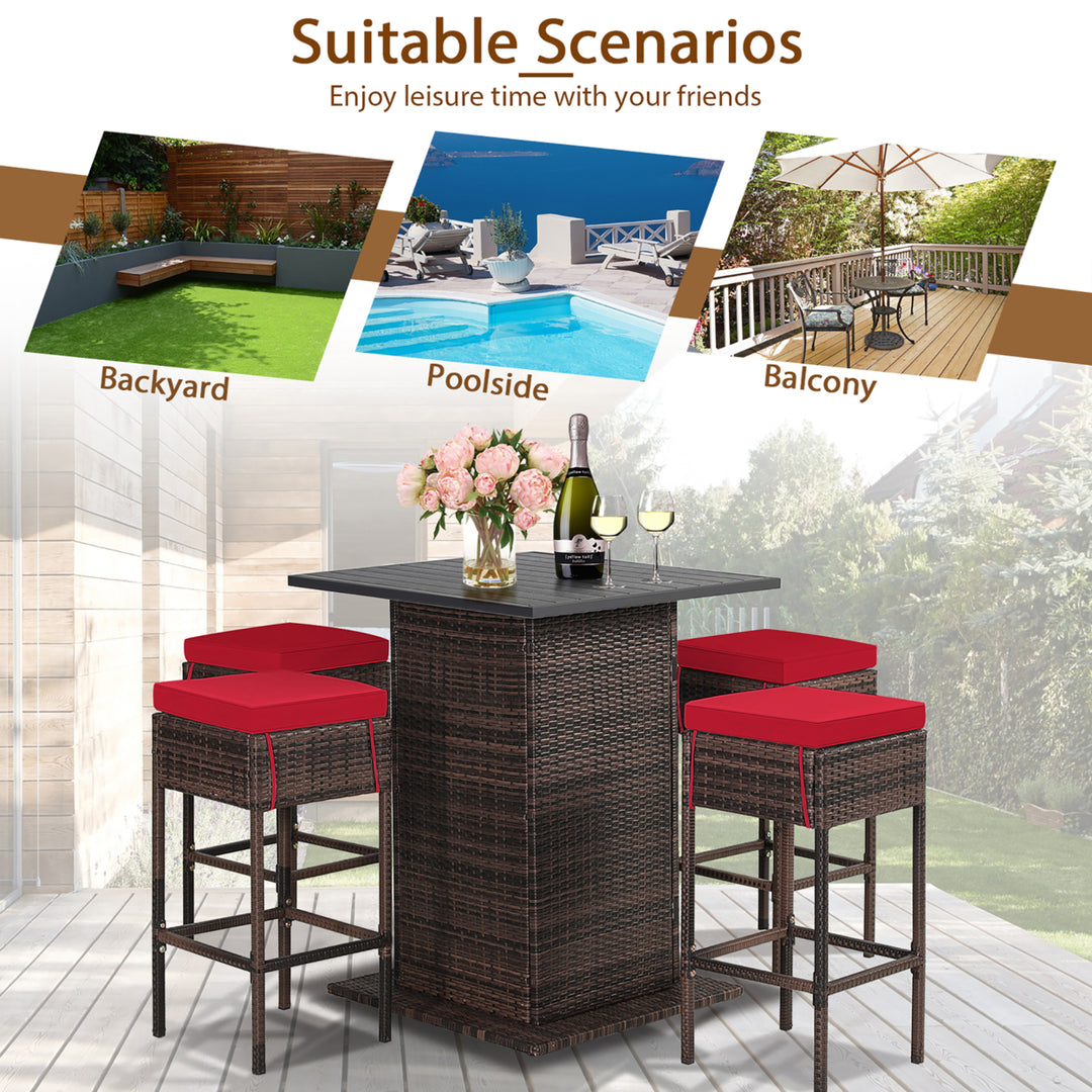 5PCS Patio Bar Set Rattan Bar Furniture Set w/ Table and 4 Cushioned Stools Red Image 8