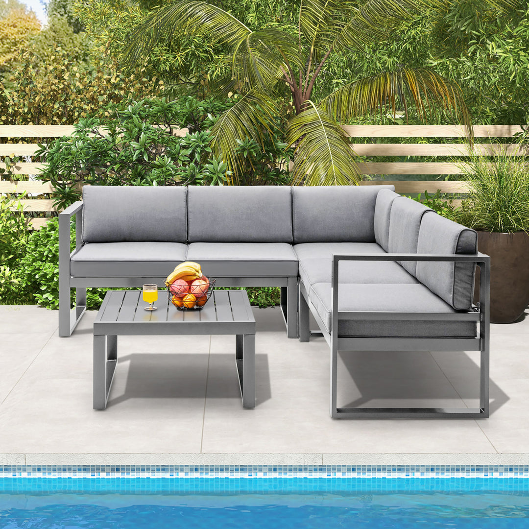 4PCS Aluminum Outdoor Conversation Set Patio Furniture Set w/ Coffee Table and Cushions Gray Image 1