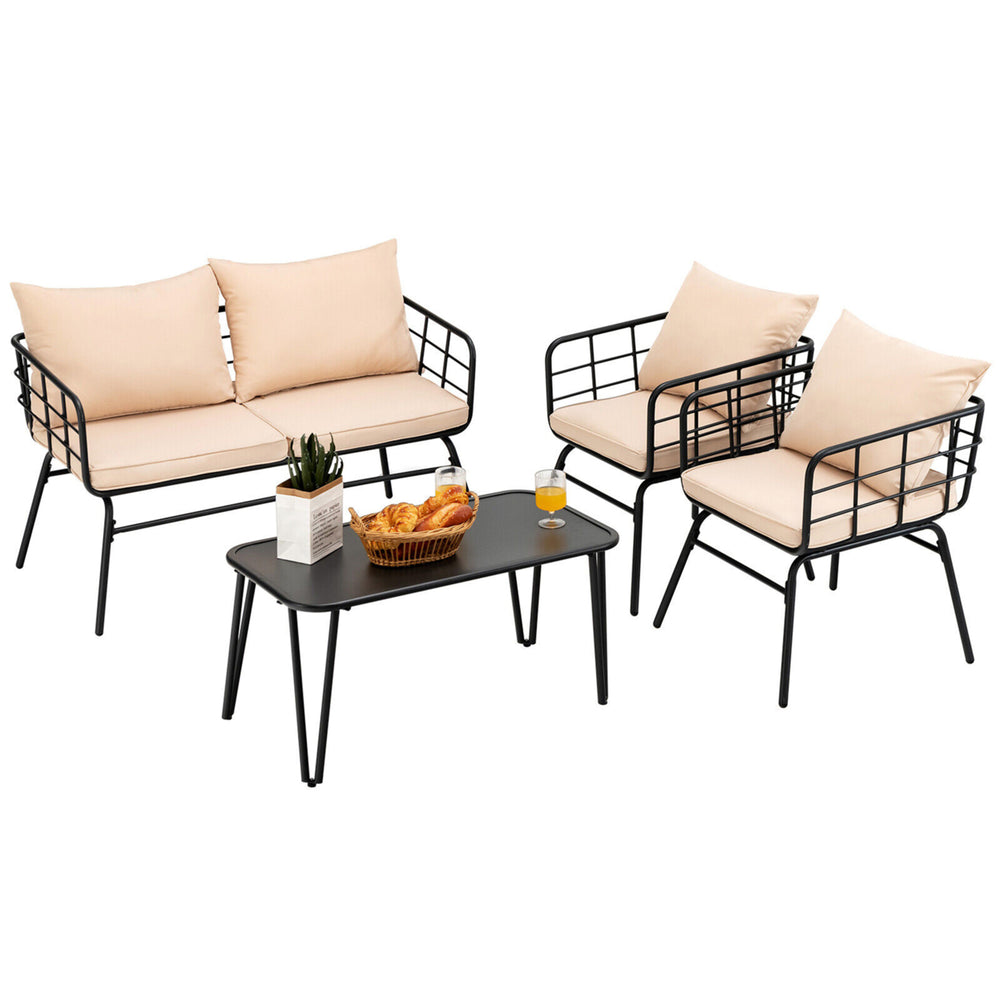 4PCS Patio Conversation Set Outdoor Furniture Set w/ Cushions Steel Structure Image 2