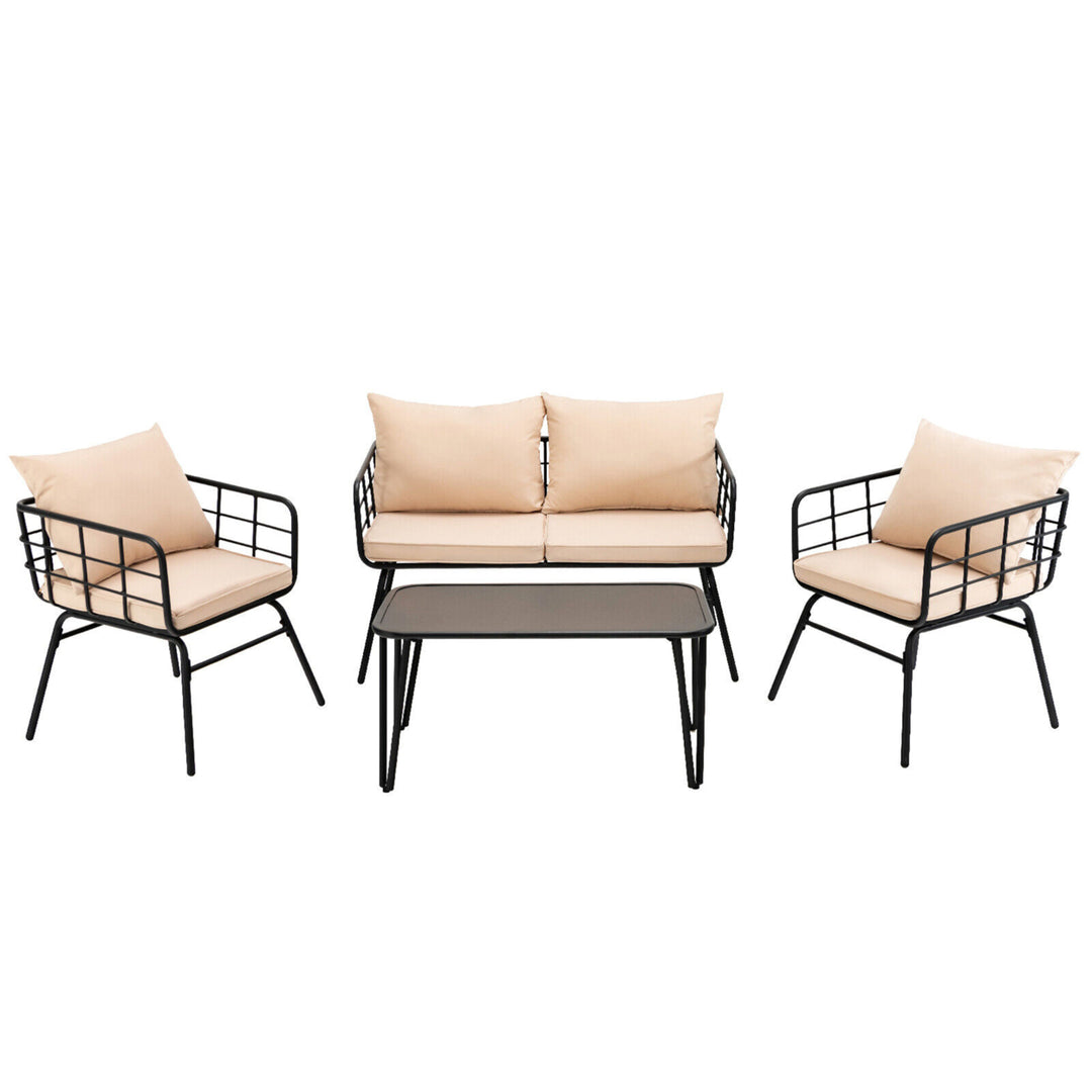 4PCS Patio Conversation Set Outdoor Furniture Set w/ Cushions Steel Structure Image 7