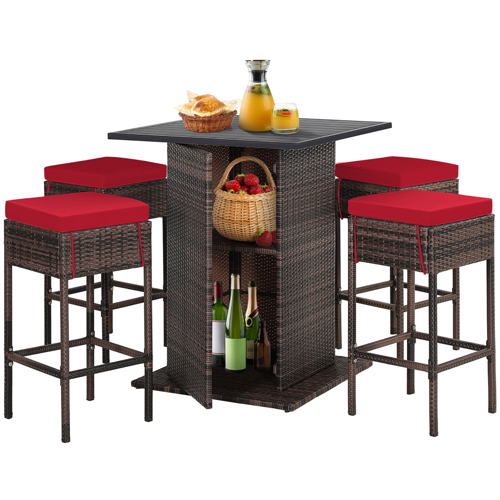 5PCS Patio Bar Set Rattan Bar Furniture Set w/ Table and 4 Cushioned Stools Red Image 2