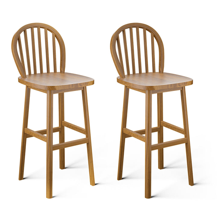 Set of 2 Bar Stools Spindle-Back Bar Height Rubber Wood Kitchen Chairs Natural Image 1