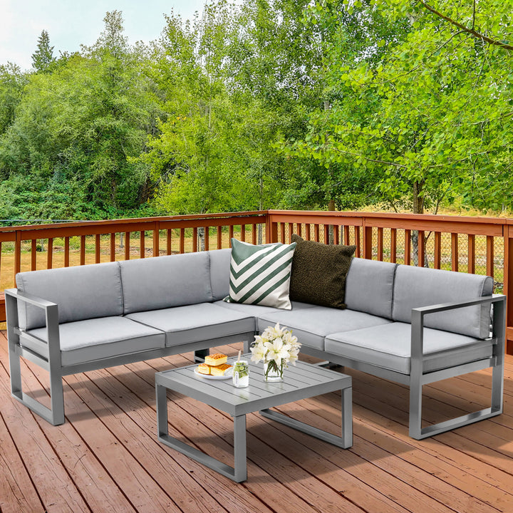 4PCS Aluminum Outdoor Conversation Set Patio Furniture Set w/ Coffee Table and Cushions Gray Image 4