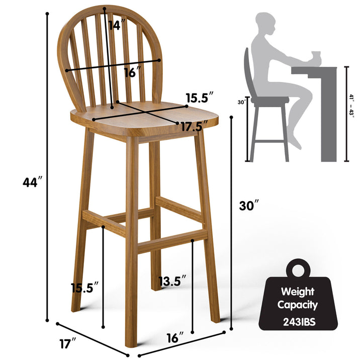 Set of 2 Bar Stools Spindle-Back Bar Height Rubber Wood Kitchen Chairs Natural Image 2