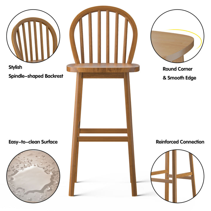 Set of 2 Bar Stools Spindle-Back Bar Height Rubber Wood Kitchen Chairs Natural Image 9