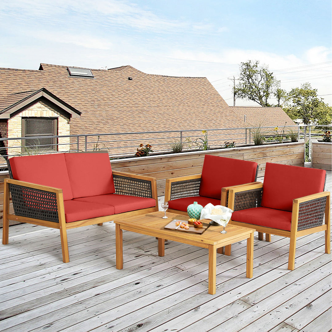 4PCS Patio Acacia Wood Furniture Set PE Rattan Conversation Set w/ Red Cushions Image 9