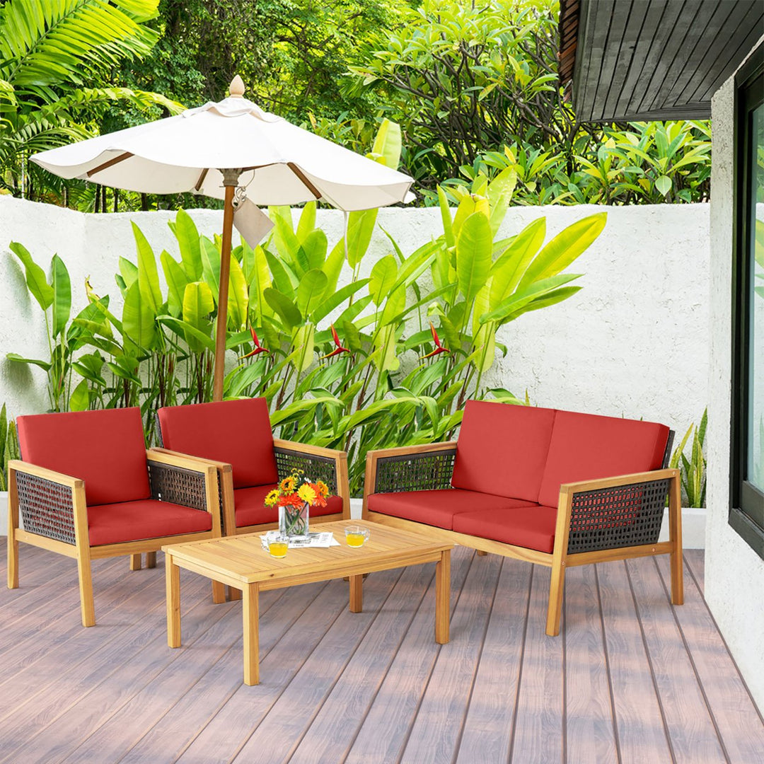 4PCS Patio Acacia Wood Furniture Set PE Rattan Conversation Set w/ Red Cushions Image 4