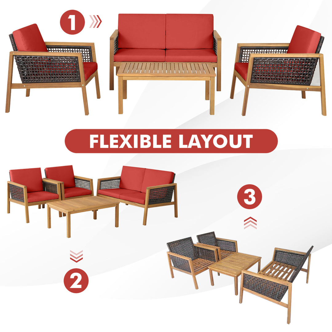 4PCS Patio Acacia Wood Furniture Set PE Rattan Conversation Set w/ Red Cushions Image 5