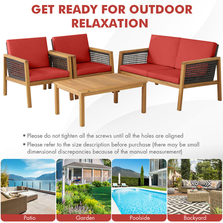 4PCS Patio Acacia Wood Furniture Set PE Rattan Conversation Set w/ Red Cushions Image 6