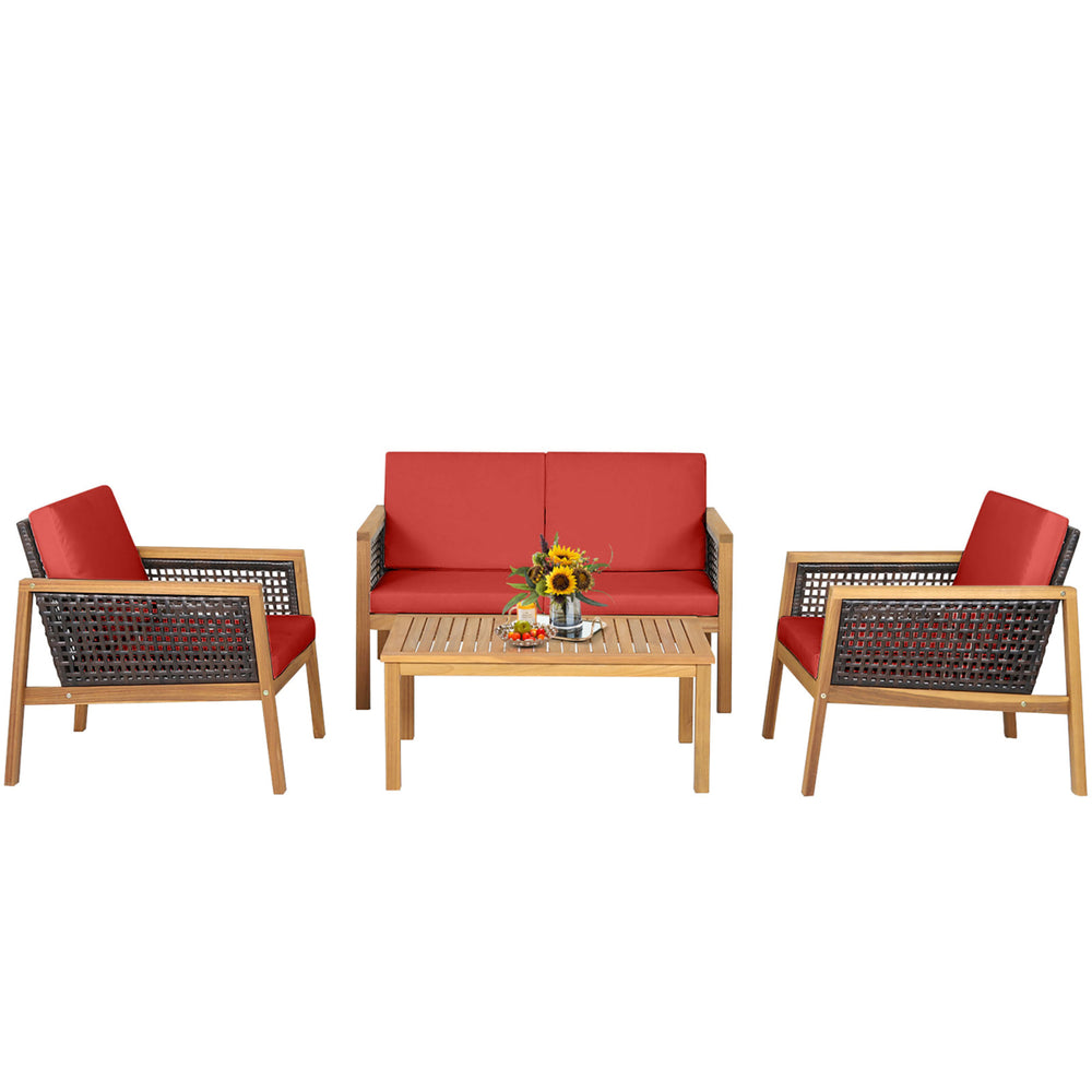 4PCS Patio Acacia Wood Furniture Set PE Rattan Conversation Set w/ Red Cushions Image 2