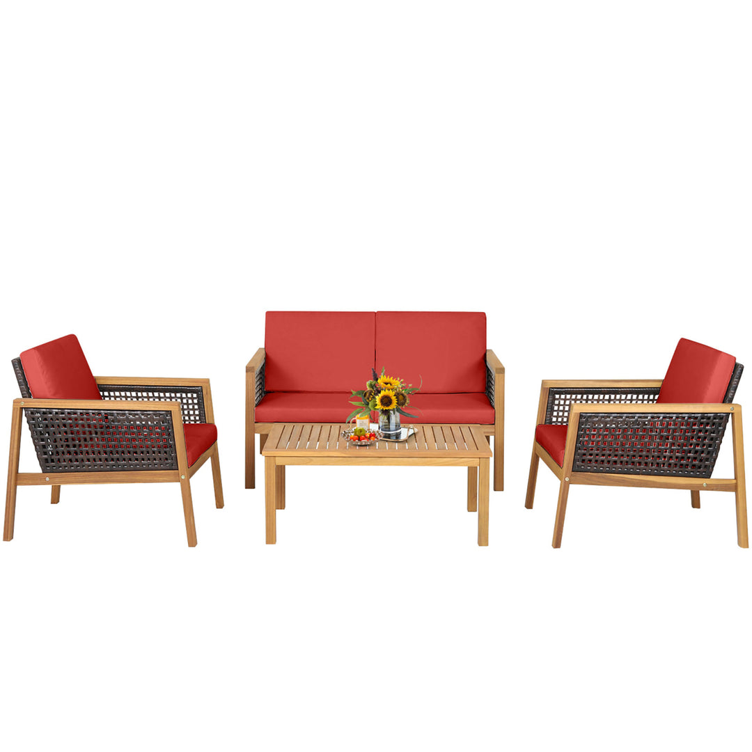 4PCS Patio Acacia Wood Furniture Set PE Rattan Conversation Set w/ Red Cushions Image 2