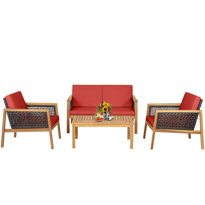 4PCS Patio Acacia Wood Furniture Set PE Rattan Conversation Set w/ Red Cushions Image 2