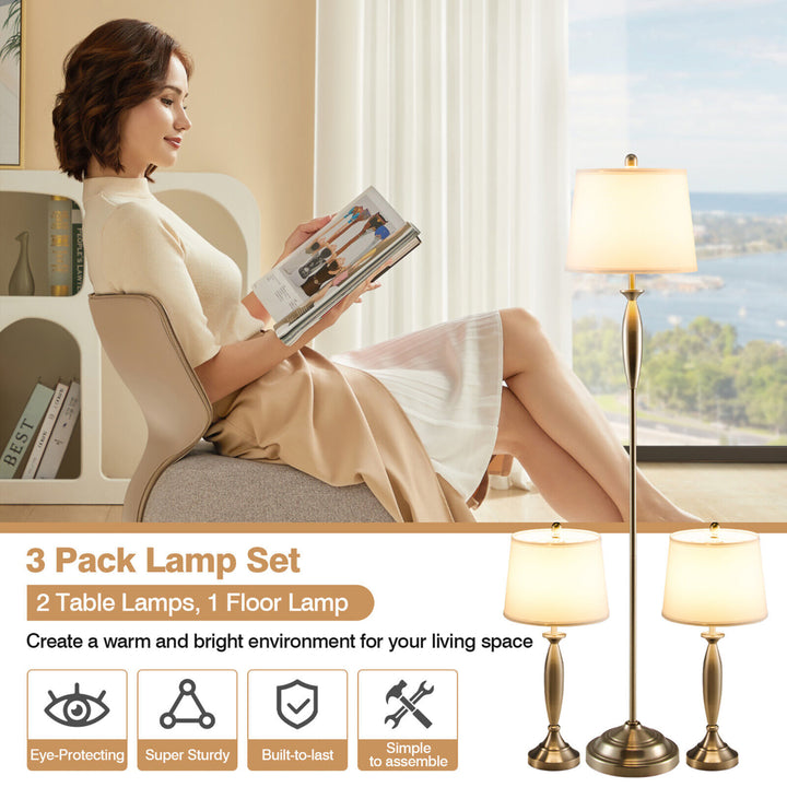 Lamp Set 3-Piece Modern Home Living Room Bedroom Nickel Finish Lamps Image 6