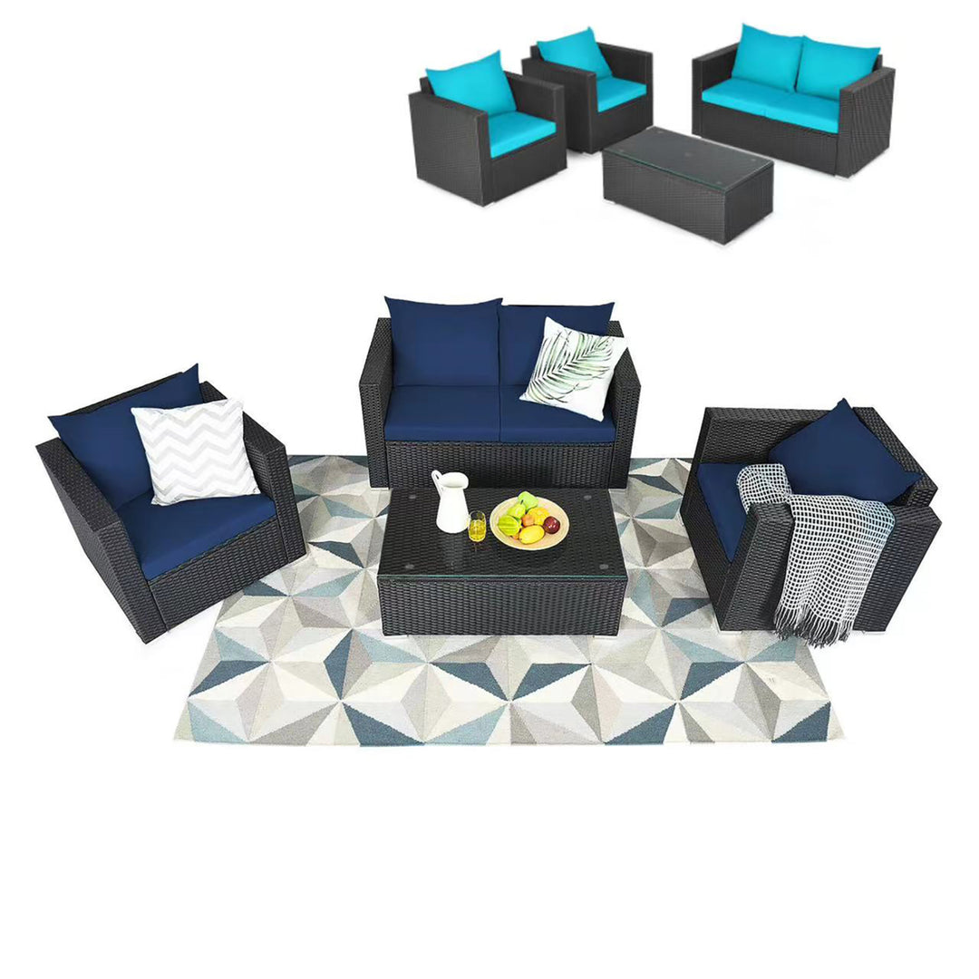 4PCS Rattan Patio Conversation Set Outdoor Furniture Set w/ Navy and Turquoise Cushions Image 1