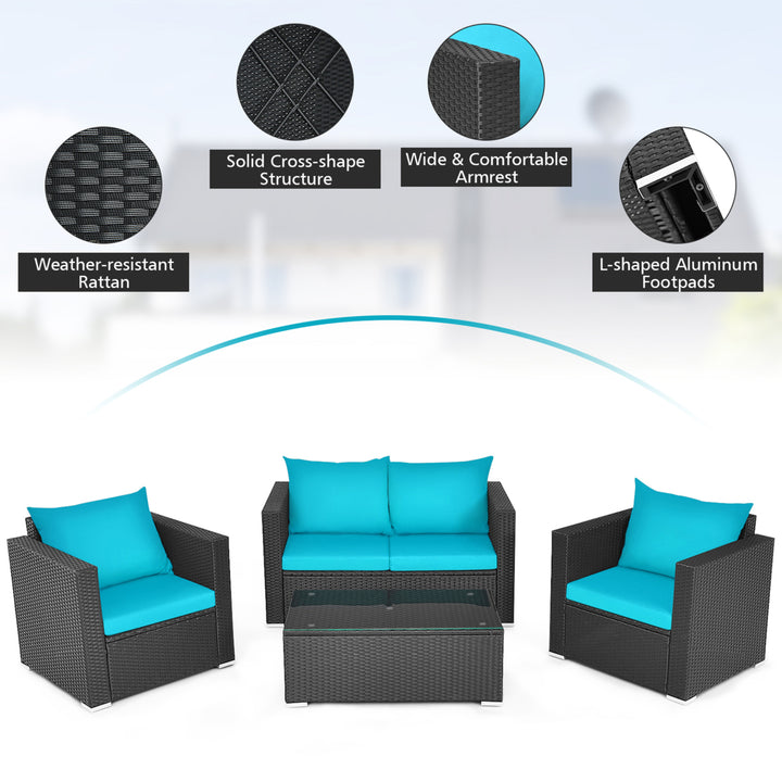 4PCS Rattan Patio Conversation Set Outdoor Furniture Set w/ Navy and Turquoise Cushions Image 3