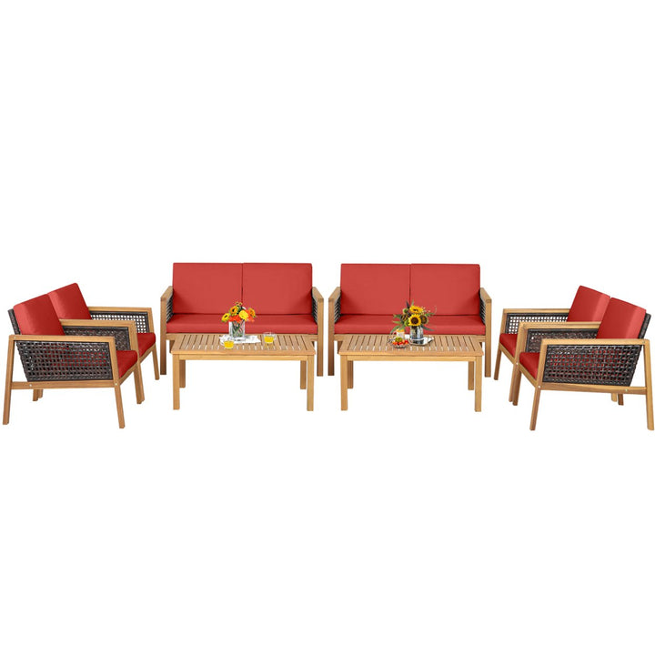 8PCS Patio Acacia Wood Furniture Set PE Rattan Conversation Set w/ Red Cushions Image 2