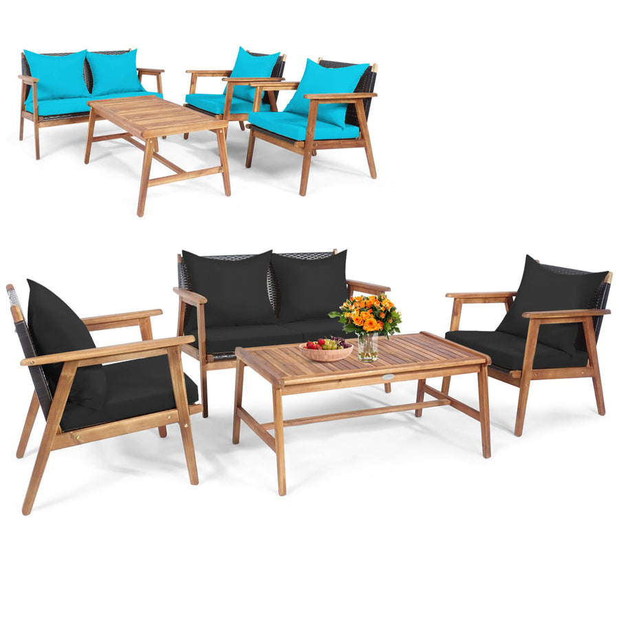 4PCS Patio Conversation Set Wood Frame Furniture Set w/ Turquoise and Black Cushions Image 1