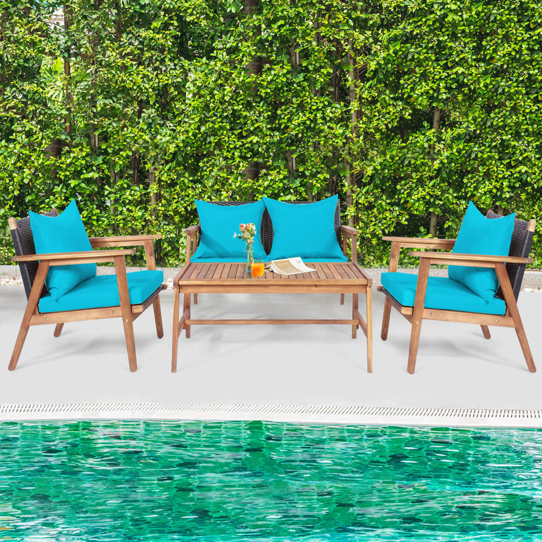 4PCS Patio Conversation Set Wood Frame Furniture Set w/ Turquoise and Black Cushions Image 3