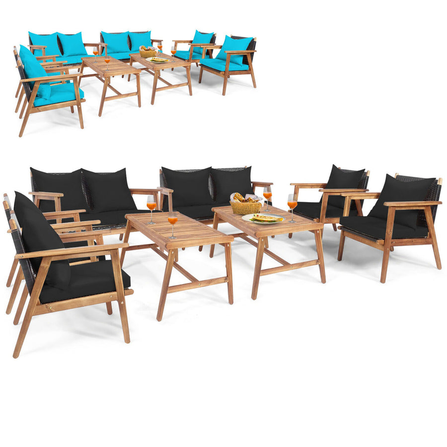 8PCS Patio Conversation Set Wood Frame Furniture Set w/ Turquoise and Black Cushions Image 1