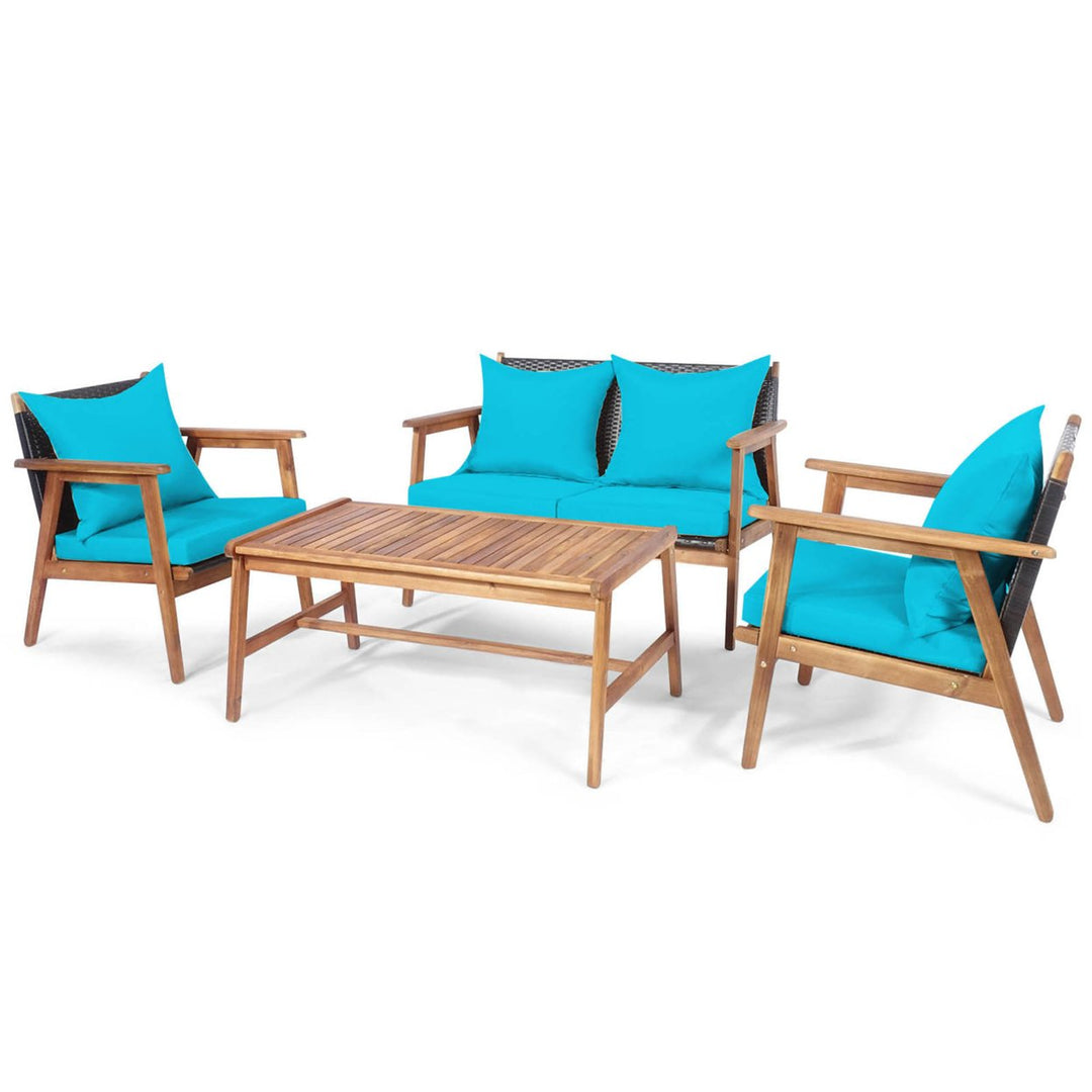 4PCS Patio Conversation Set Wood Frame Furniture Set w/ Turquoise and Black Cushions Image 9