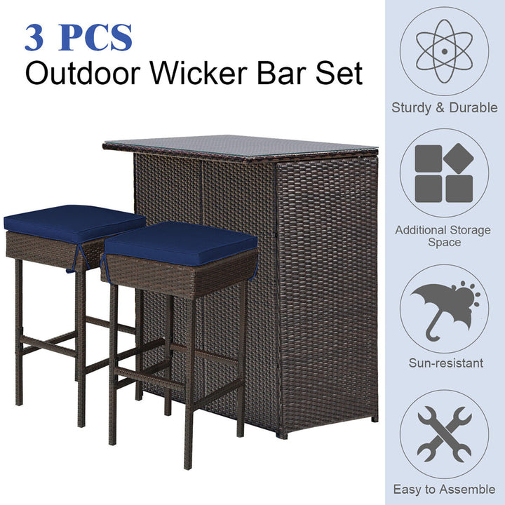 3PCS Rattan Patio Bar Table and Stool Set Dining Set w/ Navy and Off white Cushion Image 3